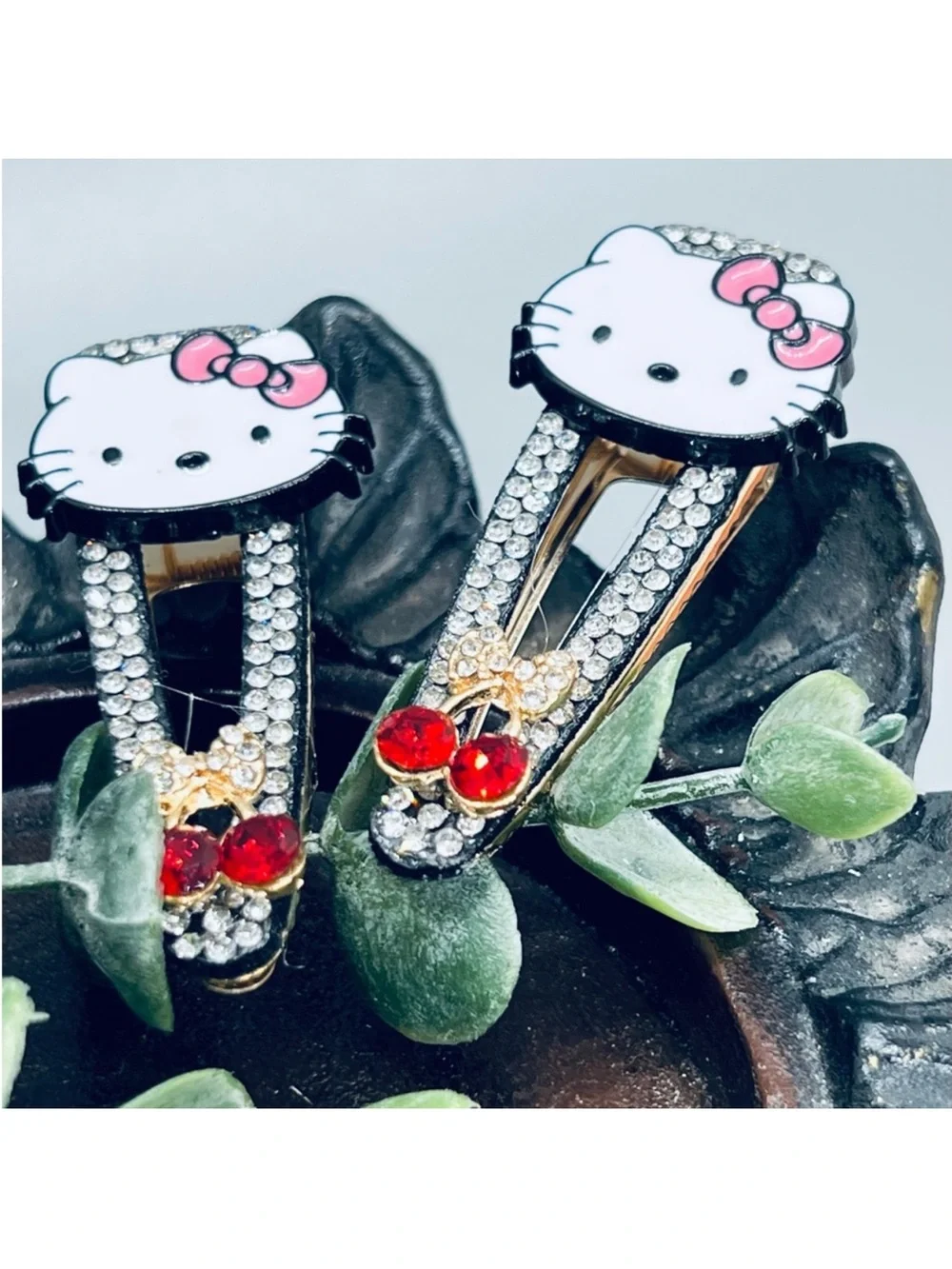 Kitty Crystal Cherry Hair Clips - White & Pink Accents FINAL PRICE DROP